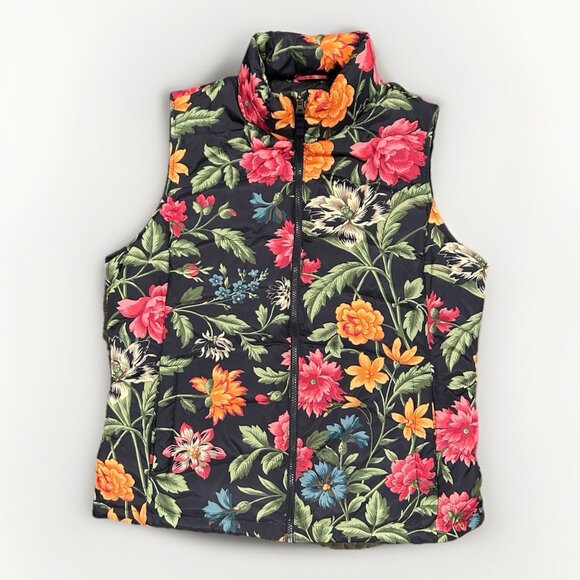 Lands' End Down Puffer Vest Women's Size Large (14/16) Colorful Floral Navy Fall - Picture 1 of 6
